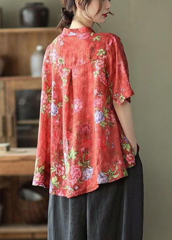 Vintage Red Stand Collar Print Cotton Shirt Tops Short Sleeve