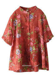 Vintage-rotes Stehkragen-Print-Baumwollhemd mit kurzen Ärmeln