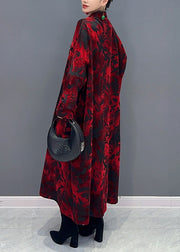 Vintage Red Stand Collar Print Patchwork Loose Velour Dresses Fall