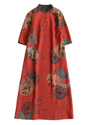 Vintage Red Stand Collar Print Pockets Silk Dresses Summer