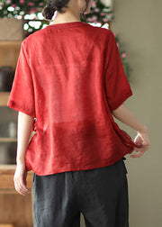 Vintage Red Stand Collar Print Tie Waist Linen Shirt Half Sleeve