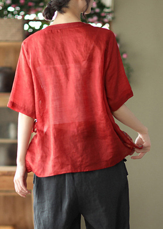 Vintage Red Stand Collar Print Tie Waist Linen Shirt Half Sleeve