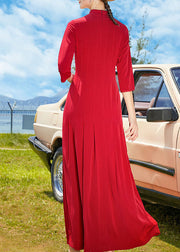 Vintage Red Stand Collar Wrinkled Chiffon Long Dresses Bracelet Sleeve