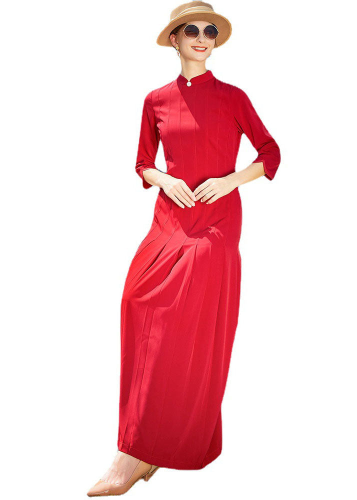 Vintage Red Stand Collar Wrinkled Chiffon Long Dresses Bracelet Sleeve