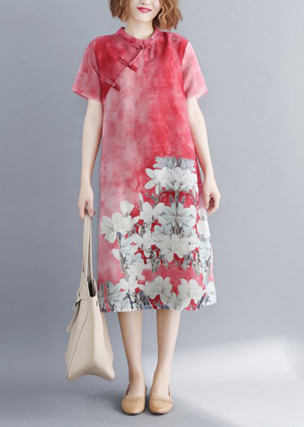 Vintage Red Stehkragen Seite offen Cheongsam Kleid Kurzarm