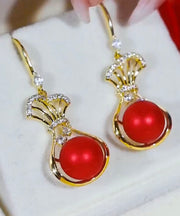 Vintage Red Stering Silver Overgild Zircon Pearl Money Bag Drop Earrings