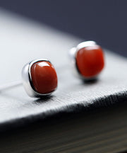 Vintage Red Sterling Silver Inlaid Agate Stud Earrings