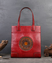 Vintage Red The Sunflowers Jacquard High-capacity Calf Leather Tote Handbag