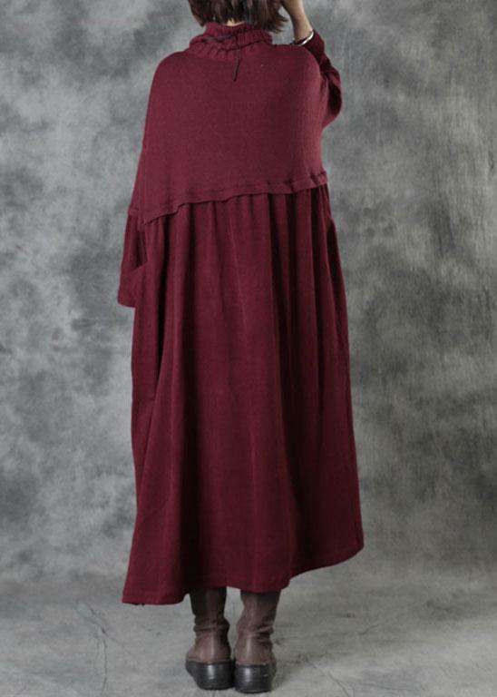 Vintage Red Turtleneck Patchwork Winter Knitted Dress - SooLinen