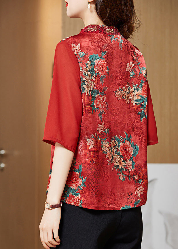 Vintage Red V Neck Embroidered Patchwork Silk Blouse Top Half Sleeve