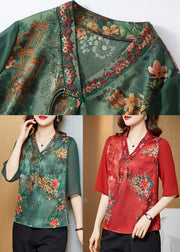 Vintage Red V Neck Embroidered Patchwork Silk Blouse Top Half Sleeve
