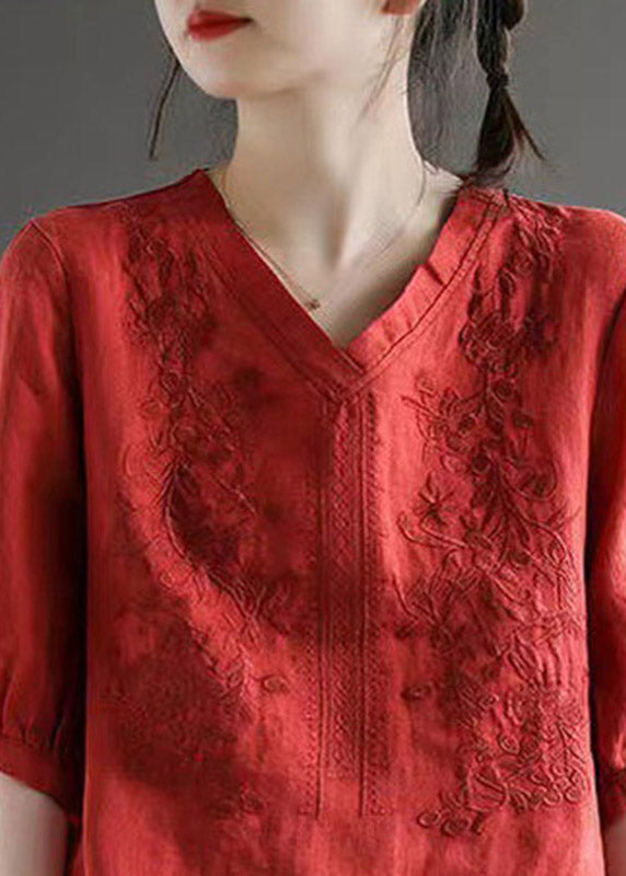 Vintage Red V Neck Embroidered Top Half Sleeve