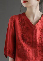 Vintage Red V Neck Embroidered Top Half Sleeve