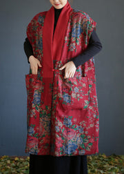 Vintage Red V Neck Print Button Warm Fleece Cotton Waistcoat Winter