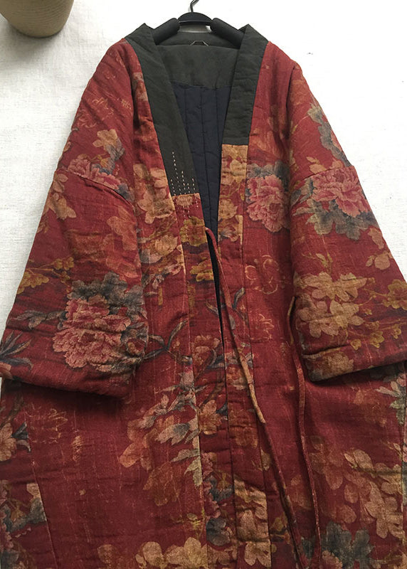 Vintage Red V Neck Print Fine Cotton Filled Long Coat Spring