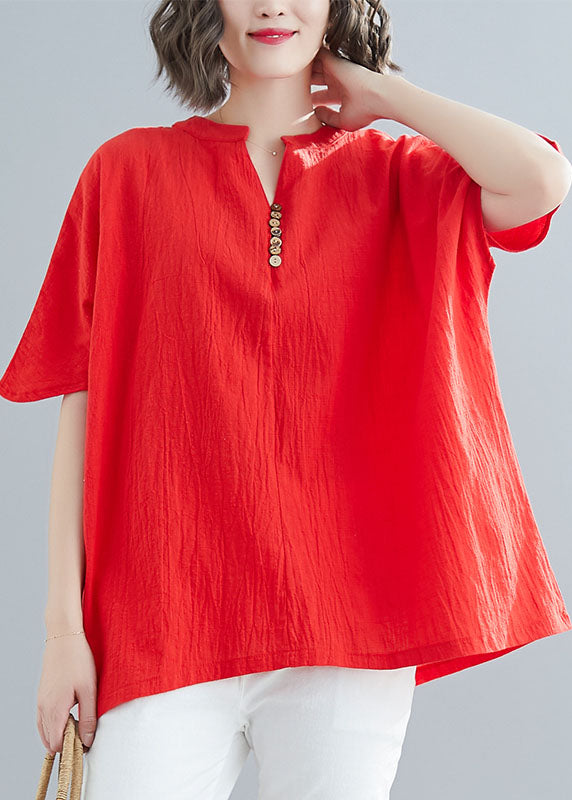 Vintage Red V Neck Wrinkled Cotton Tops Summer