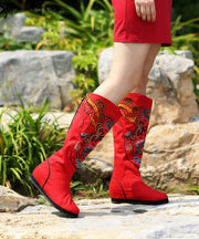 Vintage Red Wedge Boots Embroidered Comfy Cotton Fabric zippered Splicing Boots