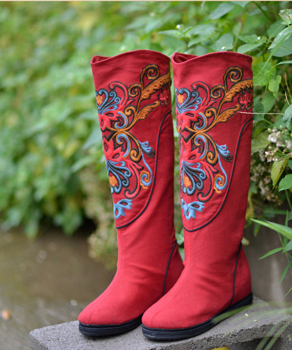 Vintage Red Wedge Boots Embroidered Comfy Cotton Fabric zippered Splicing Boots