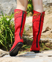 Vintage Red Wedge Boots Embroideried Comfy Cotton Fabric Splicing Boots mit Reißverschluss