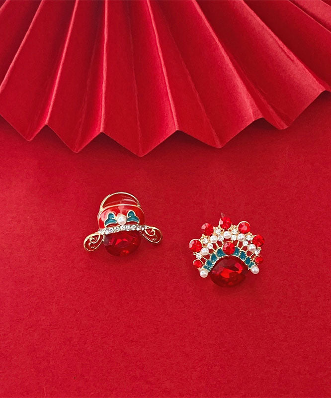 Vintage Red Zircon Crystal Pearl Asymmetric Design Peking Opera Mask Stud Earrings