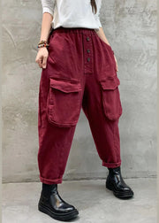 Vintage Red elastic waist button Pockets harem pants Spring
