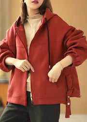 Vintage Red hooded Zippered Pockets Drawstring Fall Jackets Long sleeve