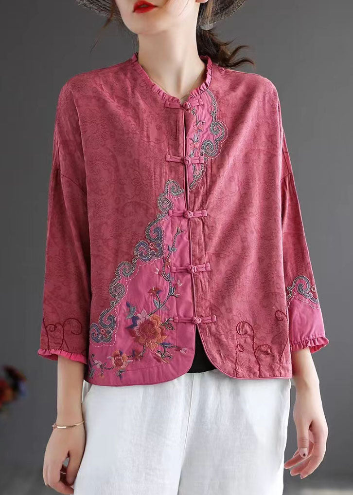 Vintage Rose Embroidered Chinese Button Patchwork Cotton Top Spring