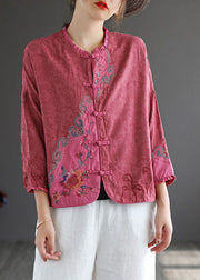 Vintage Rose Embroidered Chinese Button Patchwork Cotton Top Spring