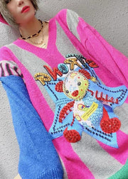 Vintage Rose Loose V Neck Print Fall Character Knitwear Coat