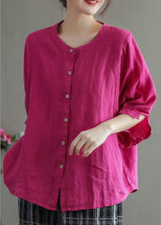 Vintage Rose O-Neck Button Low High Design Solid Linen Shirt Half Sleeve
