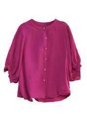 Vintage Rose O-Neck Button Low High Design Solid Linen Shirt Half Sleeve