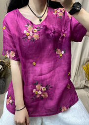 Vintage Rose O-Neck Embroidered Floral Button Side Open Linen Shirt Short Sleeve