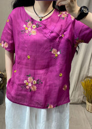 Vintage Rose O-Neck Embroidered Floral Button Side Open Linen Shirt Short Sleeve