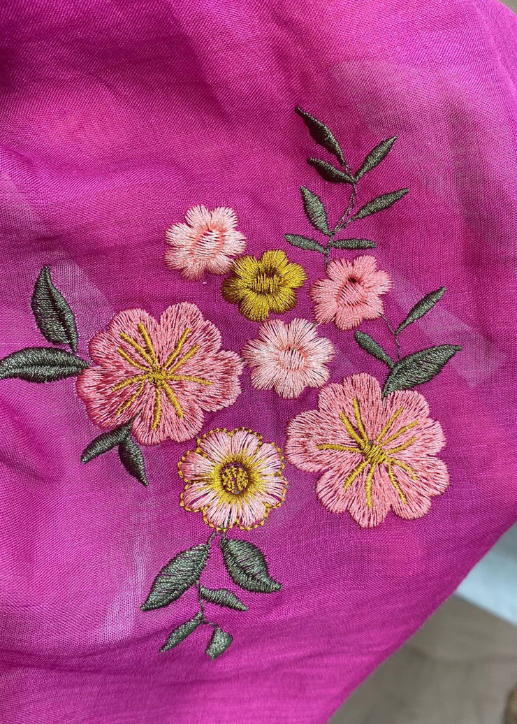 Vintage Rose O-Neck bestickt Blumenknopf Seite offen Leinenhemd Kurzarm