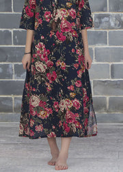 Vintage Rose O Neck Print Patchwork Cotton Dresses Summer