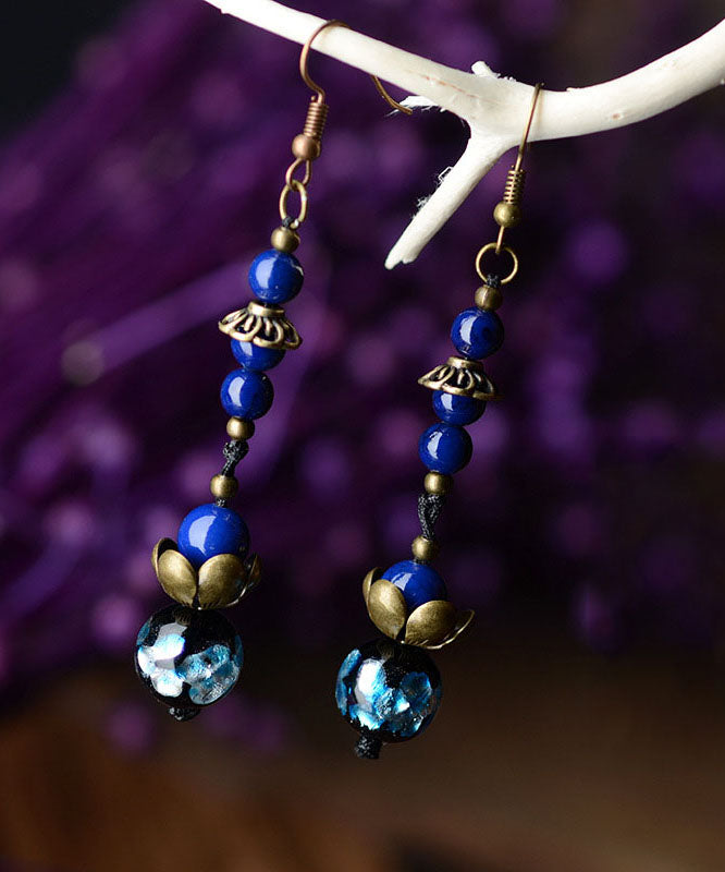 Vintage Royal Blue Lotus Gem Stone Copper Drop Earrings