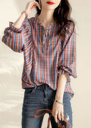 Vintage Ruffled Plaid Blouse Tops Spring