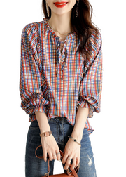 Vintage Ruffled Plaid Blouse Tops Spring