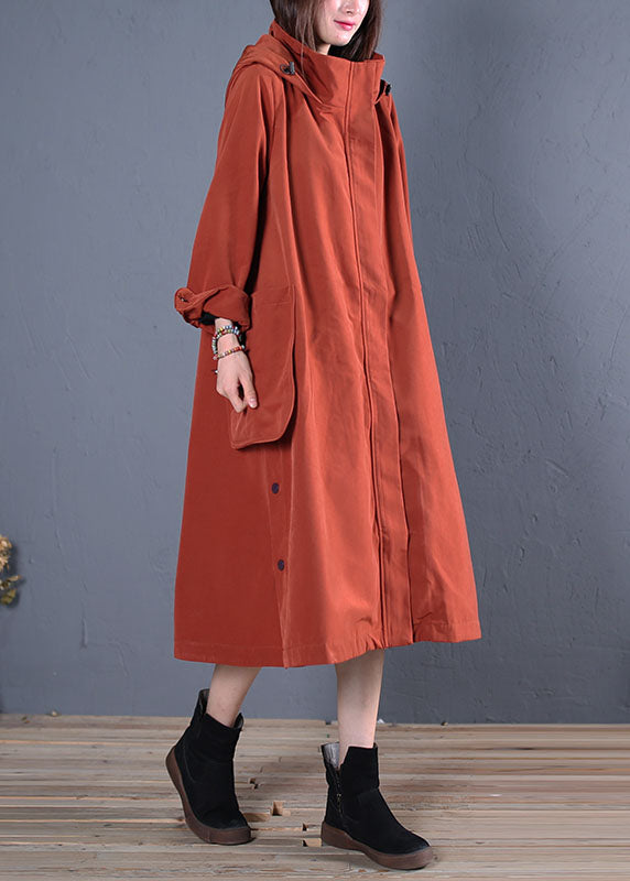 Vintage Rust Hooded Pockets thick Cotton trench coats Spring