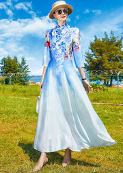 Vintage Sky Blue Stand Collar Print Exra Large Hem Silk Dress Cheongsam Bracelet Sleeve