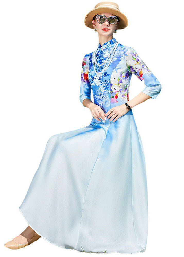 Vintage Sky Blue Stand Collar Print Exra Large Hem Silk Dress Cheongsam Bracelet Sleeve