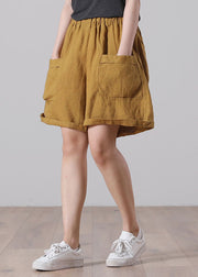 Vintage solide gelbe elastische Taille faltige Leinen Strand Shorts Sommer