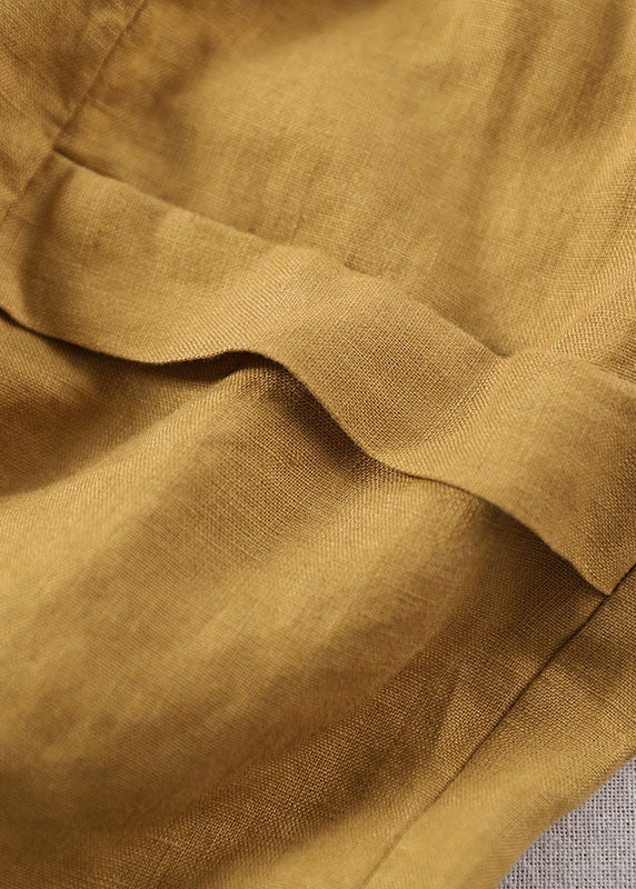 Vintage solide gelbe elastische Taille faltige Leinen Strand Shorts Sommer