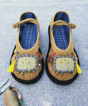 Vintage Splicing Buckle Strap Flat Shoes Yellow Cotton Fabric