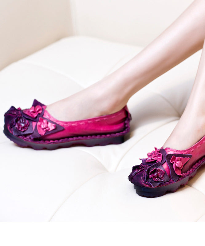 Vintage Splicing Penny Loafers Women Rose Genuine Leather Floral