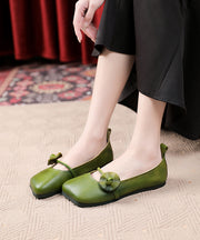 Vintage Square Toe Handmade Green Floral Soft Flat Shoes