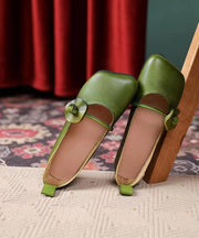 Vintage Square Toe Handmade Green Floral Soft Flat Shoes