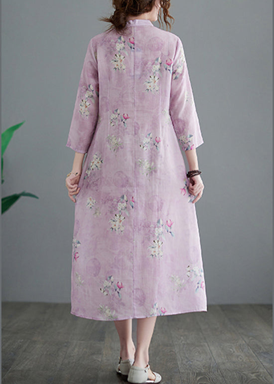 Vintage Stand Collar Button Print Linen Cheongsam Dress Three Quarter sleeve