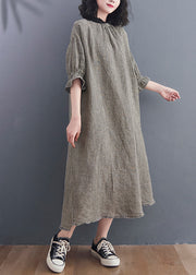 Vintage Stand Collar Large Plaid Linen Dress Petal Sleeve