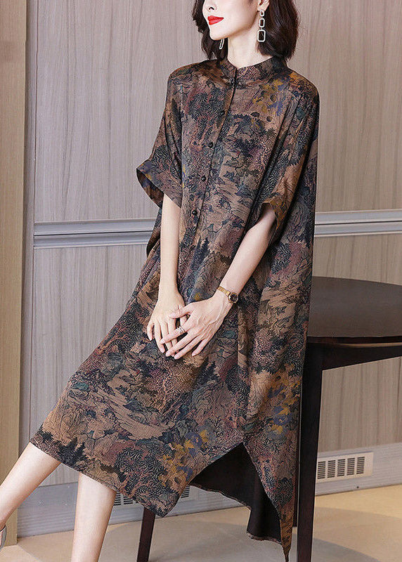 Vintage Stand Collar Print Button Side Open Low High Design Silk Maxi Dresses Half Sleeve